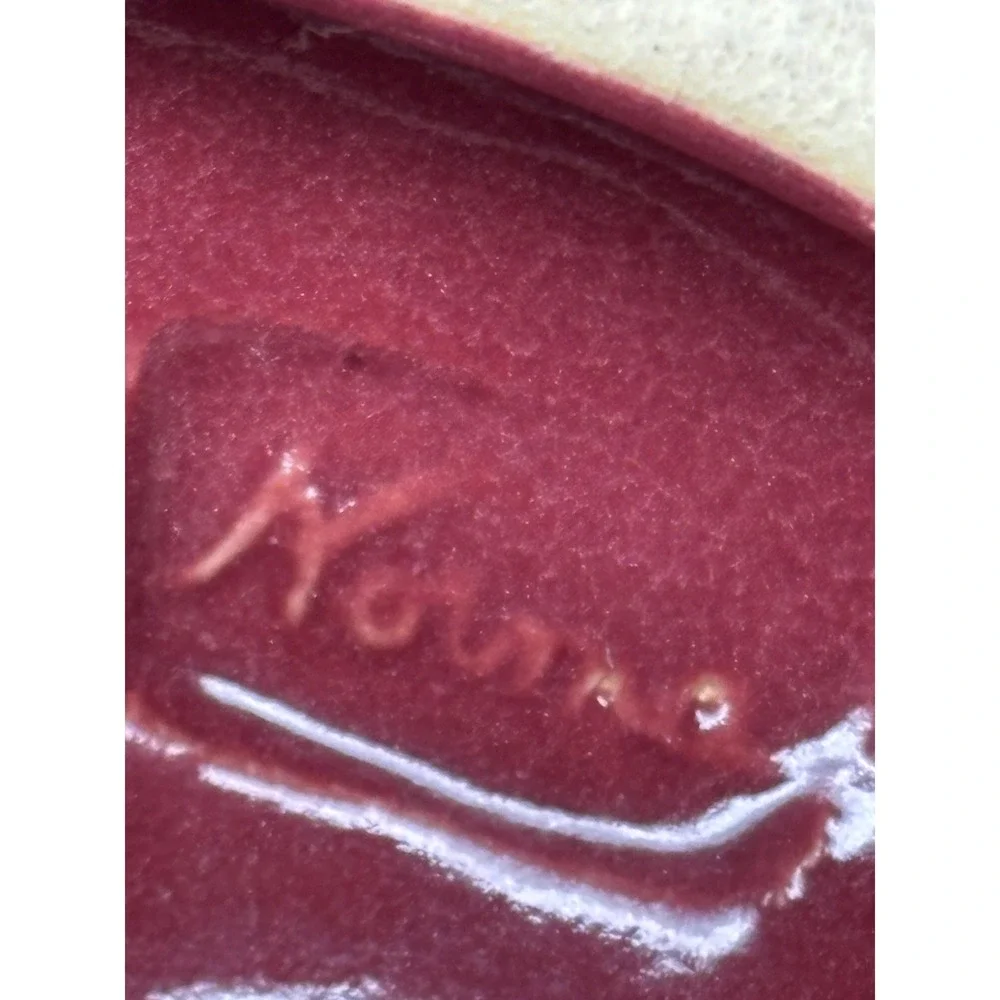 Signed Ceramic Woven Lattice Bread Basket Bowl Cranberry Red Glazed Oval‎ 9in